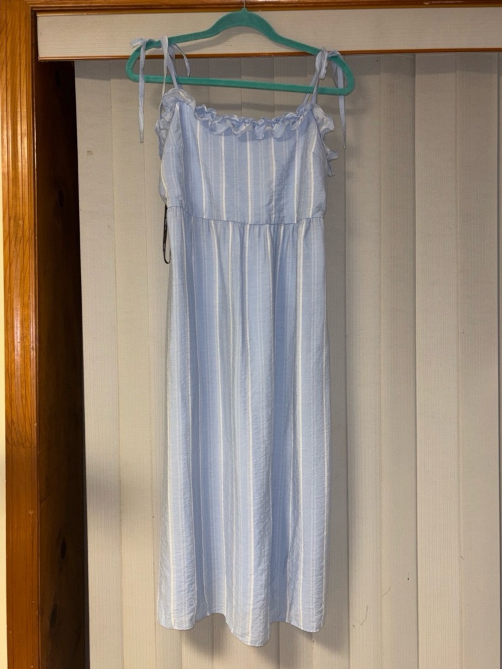 BCBG Light Blue and White Striped Maxi Dress with Tie Straps